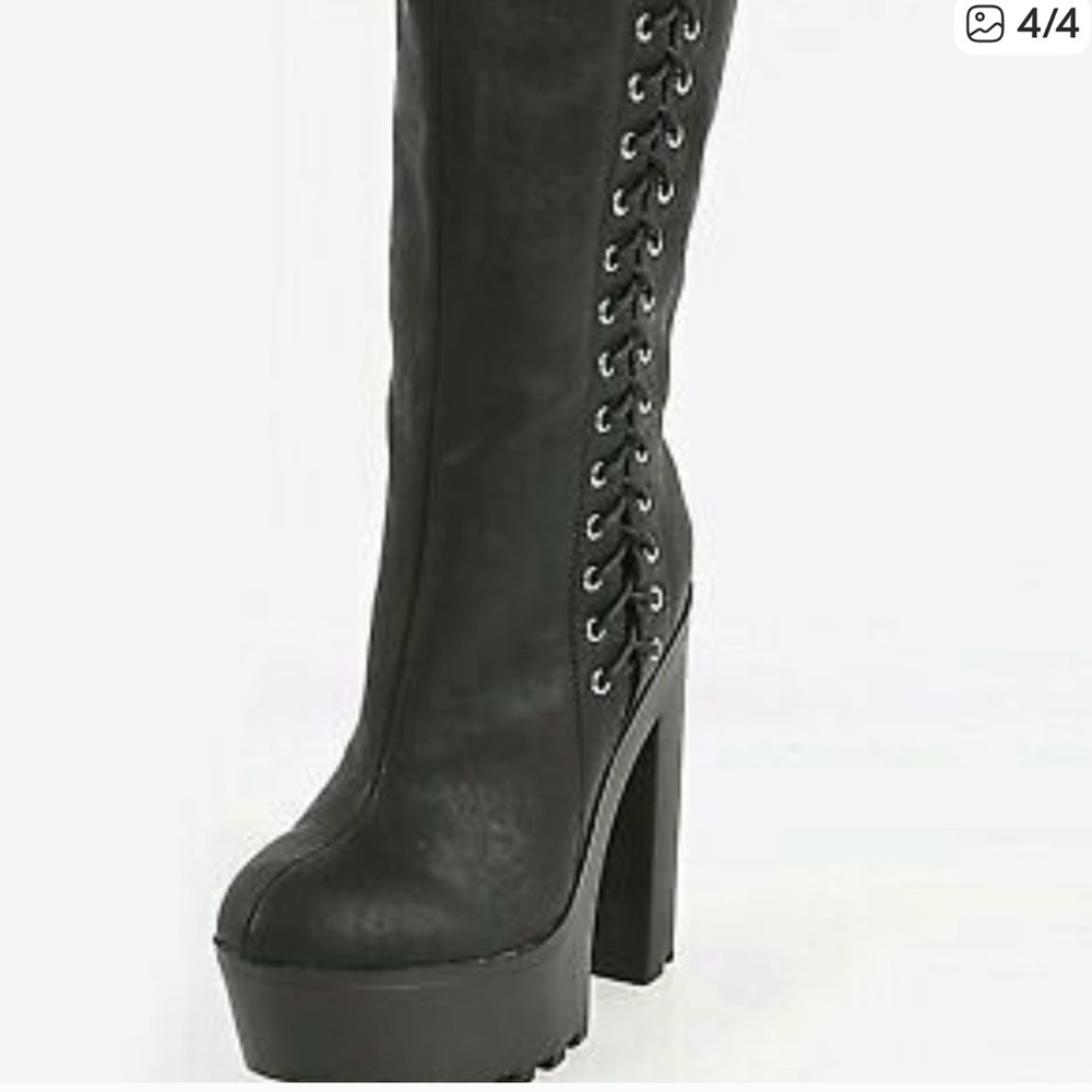 Side Lace Up Chunky Lug Sole Knee Vegan Boots